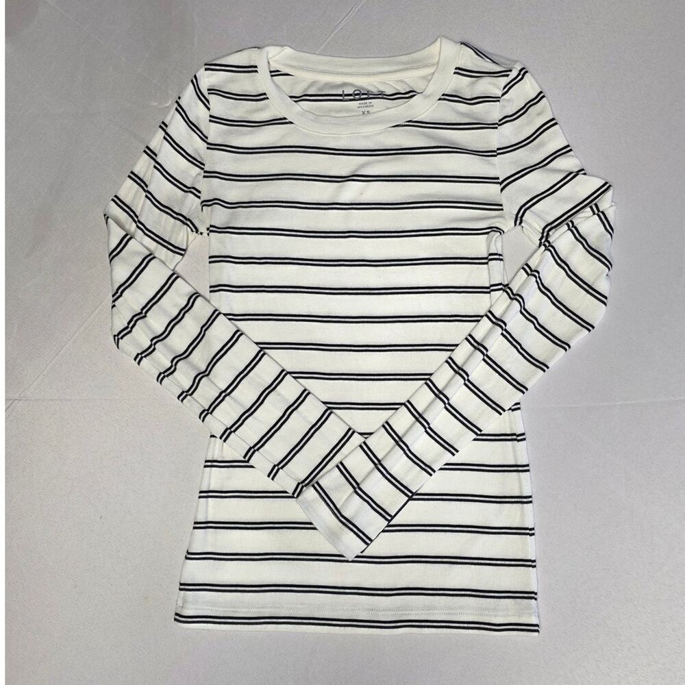 LOFT white and black striped ribbed long-sleeve crewneck top Size XS